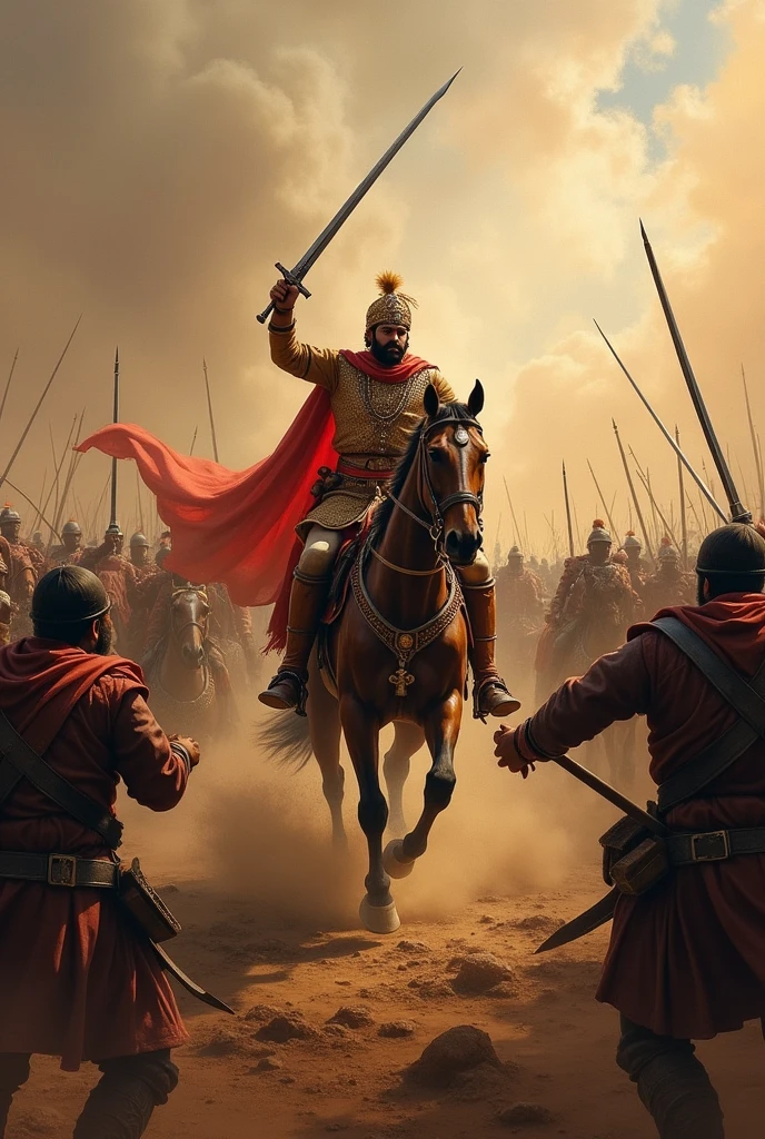 chaotic and intense battle scene from the year 1597, featuring Maharana Pratap’s forces clashing with the Mughal army. In the center, Maharana Pratap, with his sword raised high, leads his soldiers into battle. Dust and smoke fill the air, and the scene is filled with dynamic motion, showing the determination and chaos of war."