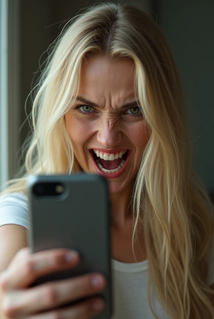 Create a blonde girl that looks real by taking a selfie with her iPhone and smiling with a vicious face