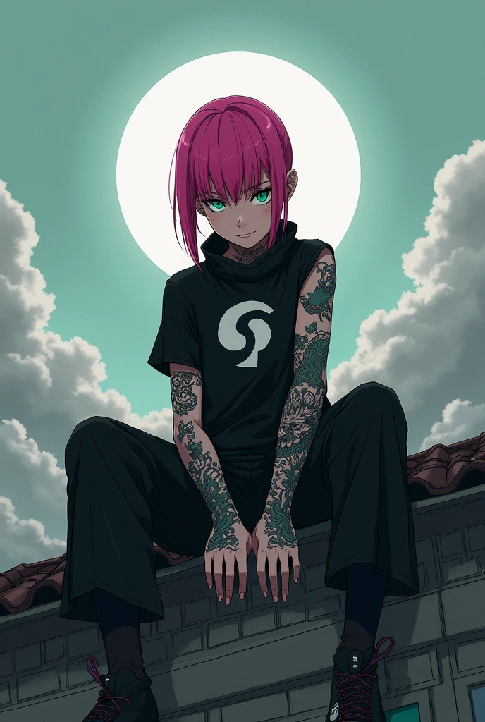A boy sitting on the roof of a house, wearing ninja clothes with a white circle as a logo, his straight shaved colored hair pink, reaches near his shoulders but not too much, his eyes are dull green, he has a tattoo on his torso on the right side, he has another one that stands out on his entire arm of a dragon