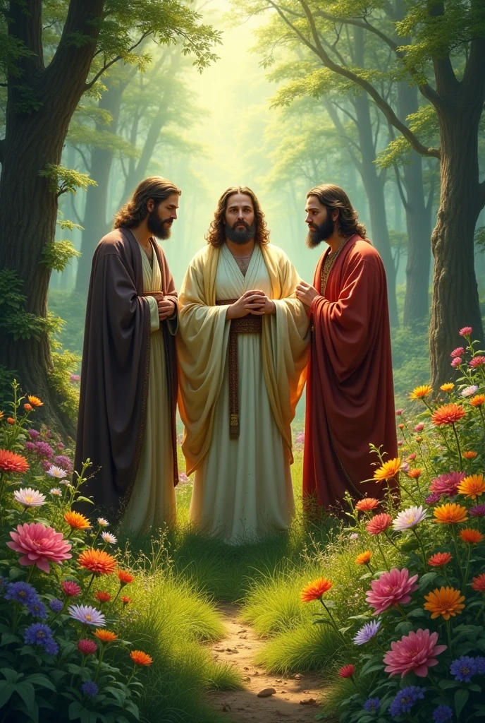 The Bible reveals the existence of three individuals, Enod and Elijah and Christ, all three in a forest with flowers