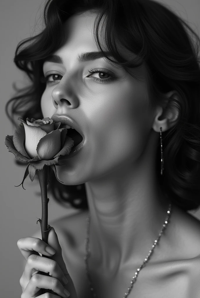 There is a woman with a rose in her mouth and tongue, licking, Aesthetic!!!!, licking tongue, Aesthetic!!!!!!!!, Aesthetic!!!, soft, cooing tongue, Aesthetic!!!!!!!, Aesthetic!!!!!, Aesthetic!!!, very Aesthetic!!!!!!!, inspired by Hedi Xandt, pink lips, ... analog black and white photography.