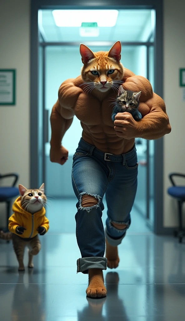 Create a photorealistic image of a six pack father cat wearing jeans outfit bursts through the doors of a cat hospital and screaming. A large hospital sign hangs above the doors. Inside, there’s a waiting area with a few cats seated, while the father cat runs toward the reception desk holding his kitten. Kitten wearing yellow jeans outfit 