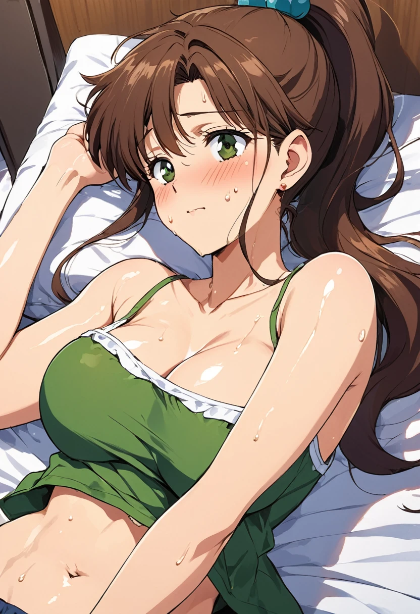 masterpiece, Highest quality, High resolution, (Makoto Kino),1990s \(style\),height: 175cm, Brown long hair,ponytail、 sexyな長い脚, Oversized camisole,No bra,Shorts, Bedroom,(E-cup beautiful breasts)、Sweating all over the body、Muscular、sexy、Face writhing in pleasure、Sweaty、Configuration from the front、Shyness、blush、Shy、look up,Anime-style painting style,Composition focusing on the upper body、Lying on your back、One nipple exposed