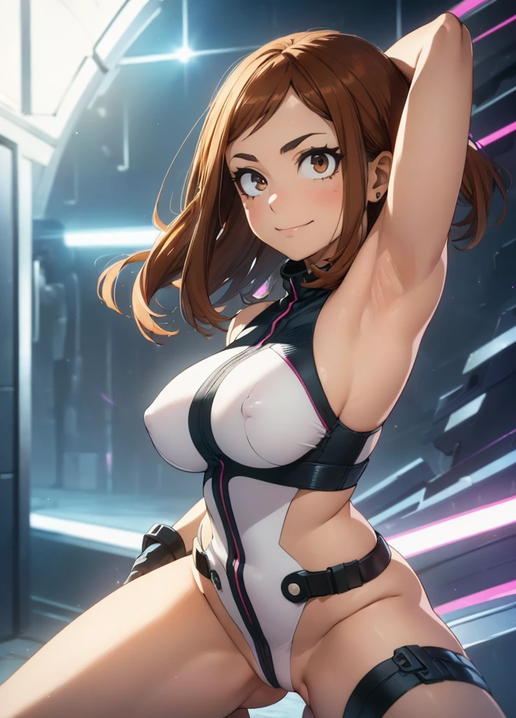 (Ochacho Uraraka) (My hero academia Settings), (pose sexual), (realist,photorealist,photo-realist:1.37), (HDR,HD), (portrait), (vivid colors), (long legs), (clearly elongated face), (broad) (Hermosos detailed eyes), (beautiful detailed lips), (extremely detailed eyes and face), bright eyes Dynamic angle and posture, undressing (long eyelashes), (sharp focus), (physically based rendering), (unclothed), (BIG BREASTS) (open legs), (intense), (motion blur), (elegant), (slim figure), (anime inspired), (bright lights), (sexual), (contrasting colors), (mysterious atmosphere), (action packed scene), (Unique style), (striking), (Handsome), (evocative), (expressive), (Intriguing atmosphere), (giant breasts:1.2) ((Best Quality)),((Very detailed)),Masterpiece,absurdities,detailed face,beautiful face,(detailed eyes, deep eyes),(1 girl),((dynamic pose)), (((showing armpits and pussy half naked))) (((smiling))) 