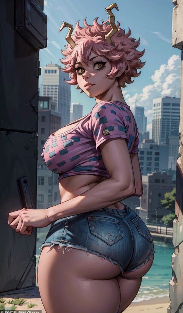 ((Masterpiece:1.5, best quality)), ((Mina Ashido from My Hero Academia)), beautiful face, (voluptuous), large_breast, ample hips, flaunting her incredibly detailed accentuated big booty, wearing cropped t-shirt and daisy dukes, thick_thighs, breathtaking detail, RAW photo color, cinematic lighting, 8k uhd, dslr,