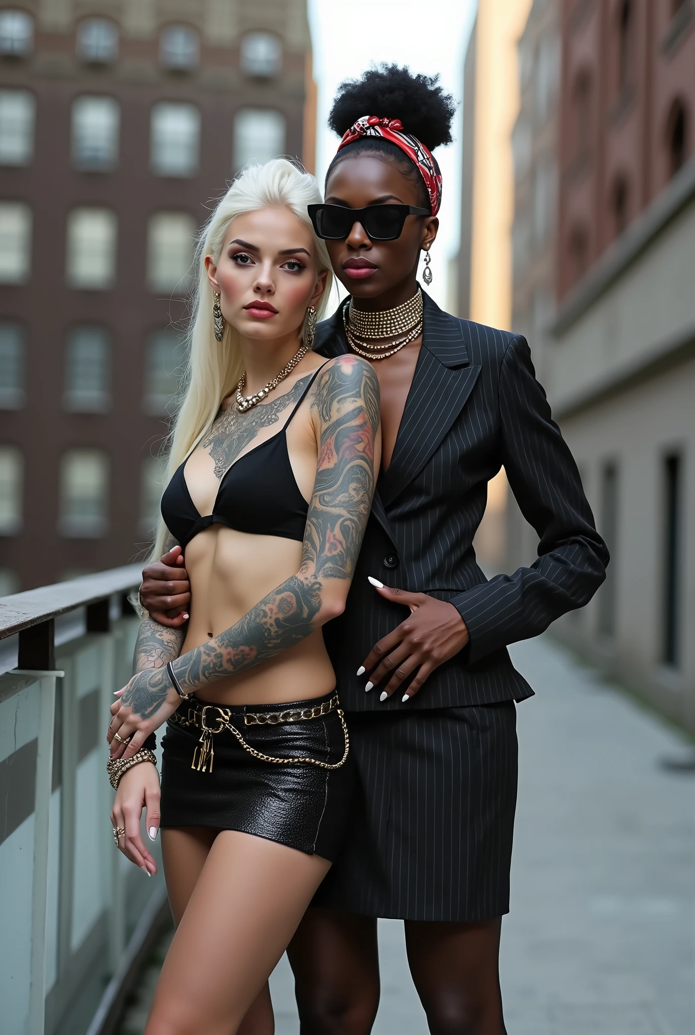 Two russian old milf women: the dominant aggressive dark skinned black woman in business pinstripe cropped blazer, pinstripe pencil skirt and white silk blouse, long nails and afro hair, standing up with separated legs and possessive stance showing off her new white girlfriend to the camera with her hands on her girlfriend's waist and grabbing her arm. Next to her, her white rich drunk girlfriend looks at the camera (white woman is very pale: pale face, pale neck, pale chest, pale arms, pale hands, pale stomach, pale leg), white woman stretches her neck and looks at the camera. White woman leans on her girlfriend . White woman stands up with separated legs. White woman wears low rise back sequins mini skirt and black silk stockings, platinum blonde hair (pouf, top bun, saved sides, wide colourful bandana as headband) and the white woman wears oversized square maxi sunglasses. Big lips with no makeup. White woman Black sequins push up bra. Barefoot.. white woman wears a Lot of thick metallic bracelets in the wrists and big pearl necklaces around the neck. White woman wears Wide loose studded belt with big solid buckle. Loose chains around the hips of the white woman. White woman is leaning back on her girlfriend.. The white woman is densely tattooed on neck, tattoed chest, tattoed stomach, tattoed legs, wrists and feet. White woman has well Toned abdominals, thin neck, slim legs and thin arms. White woman has Narrow hips and noticeable tigh gap. The body of the white woman is twisted in a lazy pose .in the balcony of a skyscraper in nyc
