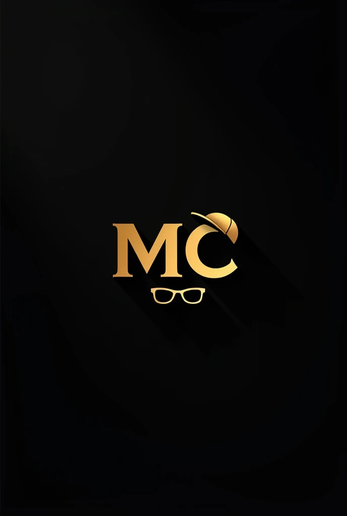 Minimalist logo with glasses and cap, with golden MC letters on a black background