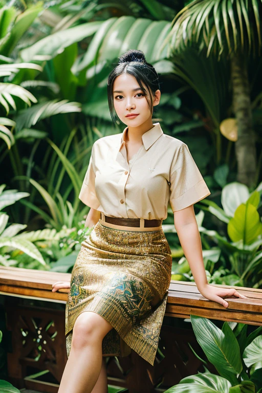 A beautiful young Indonesian woman with a slightly plump face with black hair in a bun wearing a light brown kebaya and Indonesian batik skirt, sitting on a wooden bench in a lush tropical garden with a backdrop of palm trees and other green plants