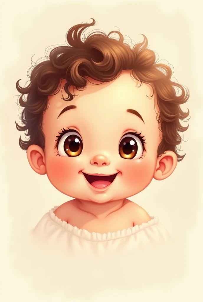 One year old baby illustration, , short and curly hair, brown, olhos brown