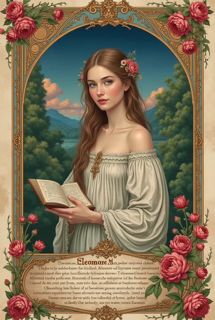 Une scène d'Eléonore représentée dans un livre ancien, son histoire écrite avec des illustrations colorées.