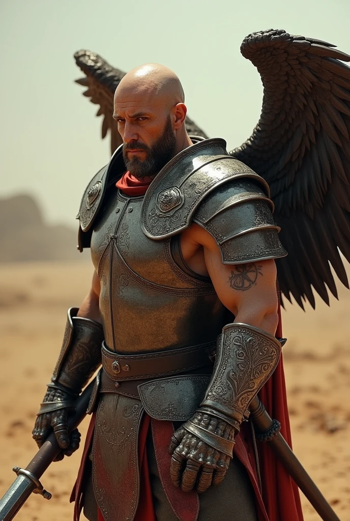 What Max Rockatansky&#39;s face would look like (from the movie mad max) Set in the Middle Ages and with the physique of Kratos, dressed in Polish Winged Hussar armor and in action pose (front view, bald and without a helmet)