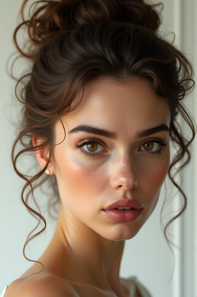 Make a picture of a white woman, with brown eyebrows, brown curly hair tied up, with a profiled nose, thick lips, oval face and large forehead , and with brown eyes