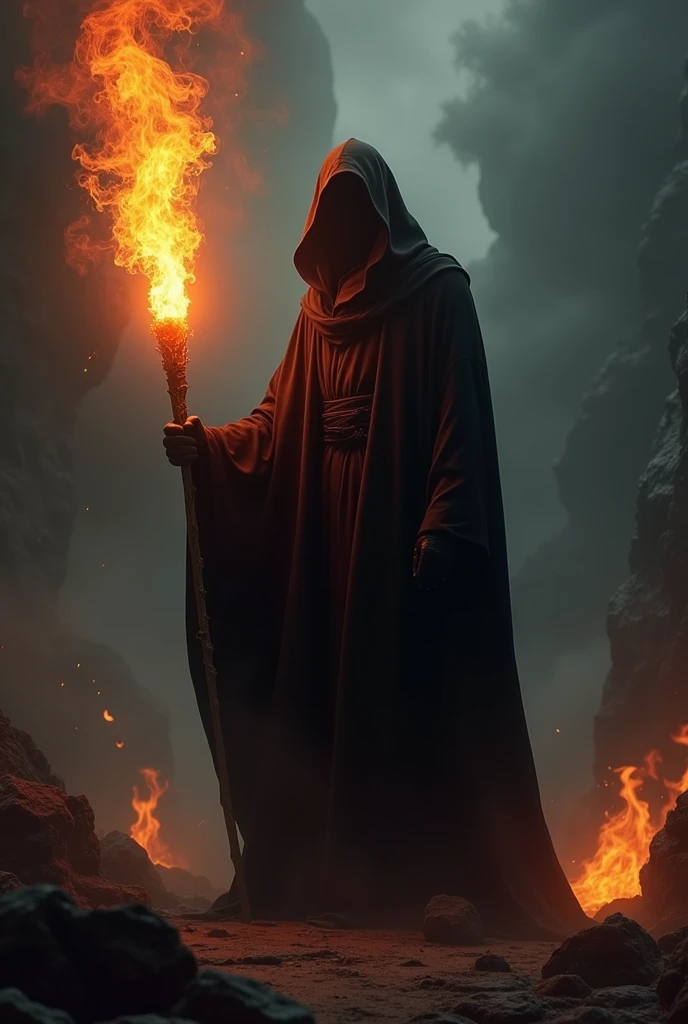 A wizard stick with a faceless body, all black, but it has to be a fire stick