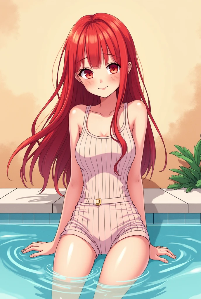 (masterpiece, Best Quality, High resolution: 1.4), detailed, intricate details, 4k, touch of color, Line art, Fibonacci. detail. adolescente slim, young girl, long red hair, Waist length hair, Red eyes, smooth skin, White skin, slim, smiling, gentle. Pastel striped suit with printed shorts. in pool
