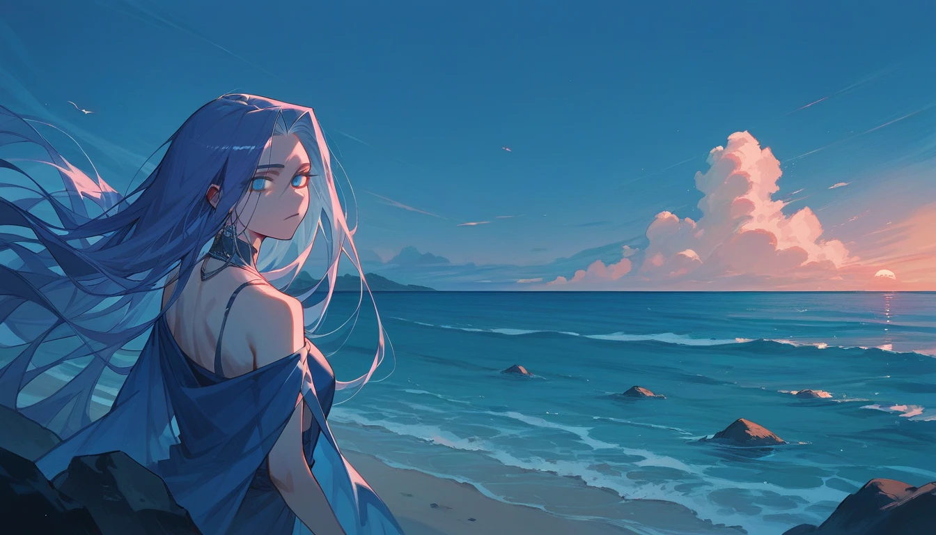 (masterpiece, Best Quality, Ultra-high resolution),One girl,Beautiful and dense face, Fine grain,(Medusa Girl),At the Beach,Surrounded by magically carved rocks,evening,((Grey and Blue Theme))