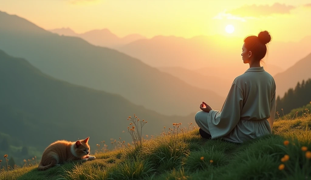 An Asian person meditating on top of a hill overlooking a valley, as the sun begins to emerge from the mountains in the distance. Your cat is curled up on the side, resting peacefully and basking in the first rays of the sun, symbolizing the peace shared between them in a stunning natural setting.