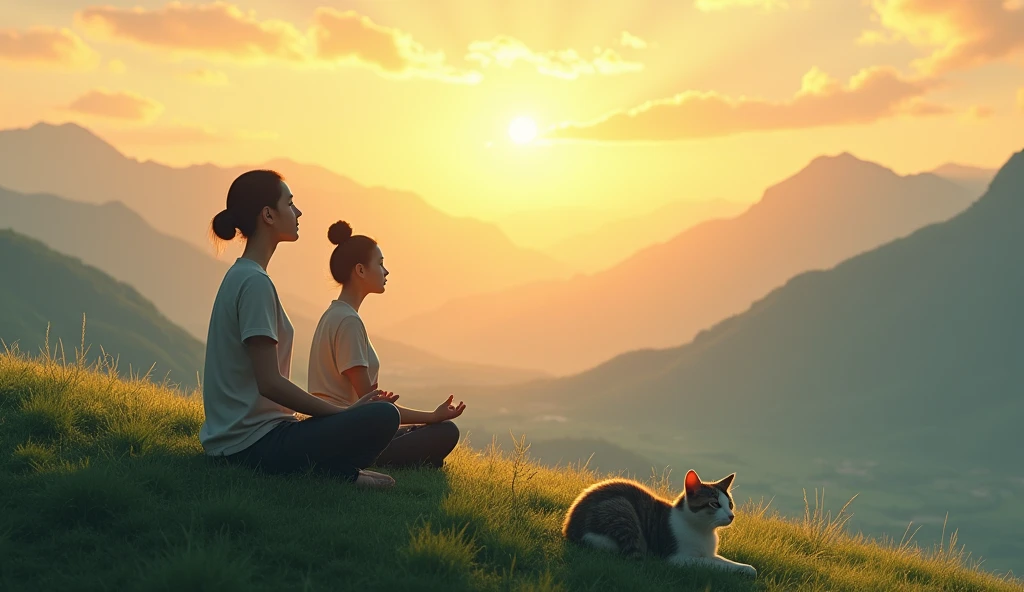 2 Asian person meditating on top of a hill overlooking a valley, as the sun begins to emerge from the mountains in the distance. Your cat is curled up on the side, resting peacefully and basking in the first rays of the sun, symbolizing the peace shared between them in a stunning natural setting.