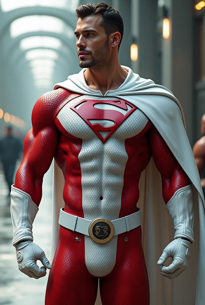  Full body photorealistic handsome hunky masculine clean shaven CB,,unreal engine, extremely attractive male wearing very white and red scales transparent mesh bodysuit, with belt and gloves and white leather cape,, with embosed " SI" on the chest, ,extremely masculine physique, intricately super bulge, realistic skin, in action, justice league headquarters as background