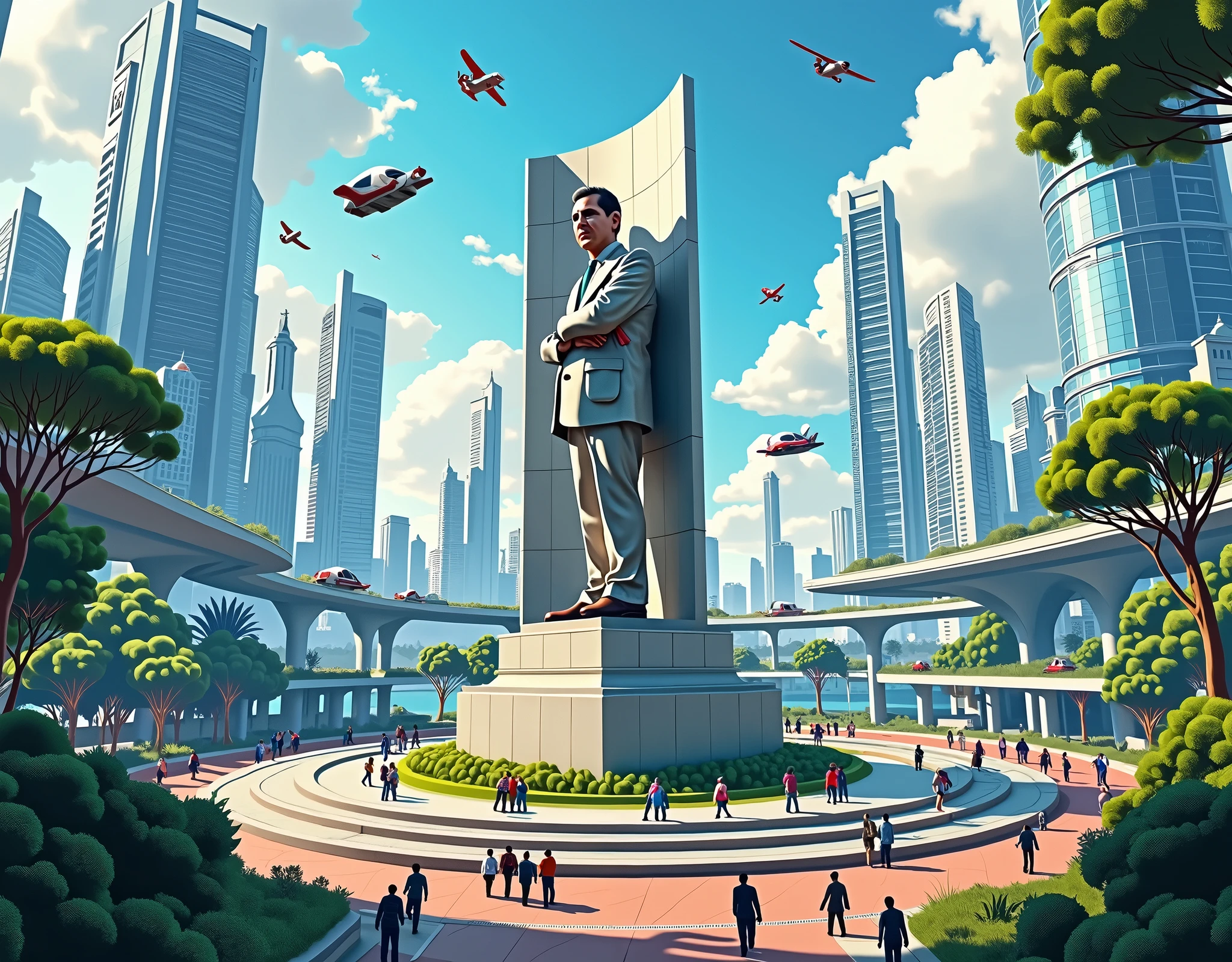 Create an illustration of a bustling modern big city with a monument of President López Obrador in the center in the futuristic world