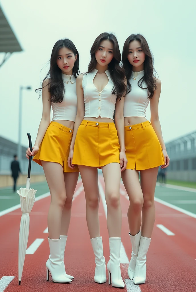 ((masterpiece, best quality)), high resolution, detailed skin, white skin, 3 young beautiful korean racing queens in white and yellow racing model enamel uniform, white thigh high boots with 9 inch heels, full body female, slim and long beautiful legs, super skinny long legs, beige pantyhose, perfect legs, A skirt that almost shows your butt, skinny, tall, Tempting with captivating eyes, full body in frame, Showing off her exceptionally slender legs, The chest is almost visible and the shoulders are exposed., Posing as a model on the racing track, Holding an umbrella like a cane