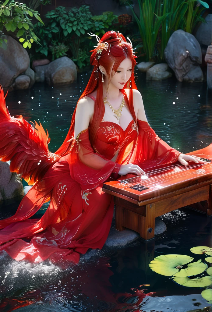 garden,Small bridge and flowing water,red phoenix woman,Flowing long red hair,Eichhornia,Present beauty,Elegant,Large Breasts,Present beauty的身材,Wearing a red phoenix costume,Sitting on the board,Solo Phoenix Guzheng.High resolution, masterpiece, best quality, high detail, Ultra high quality, 