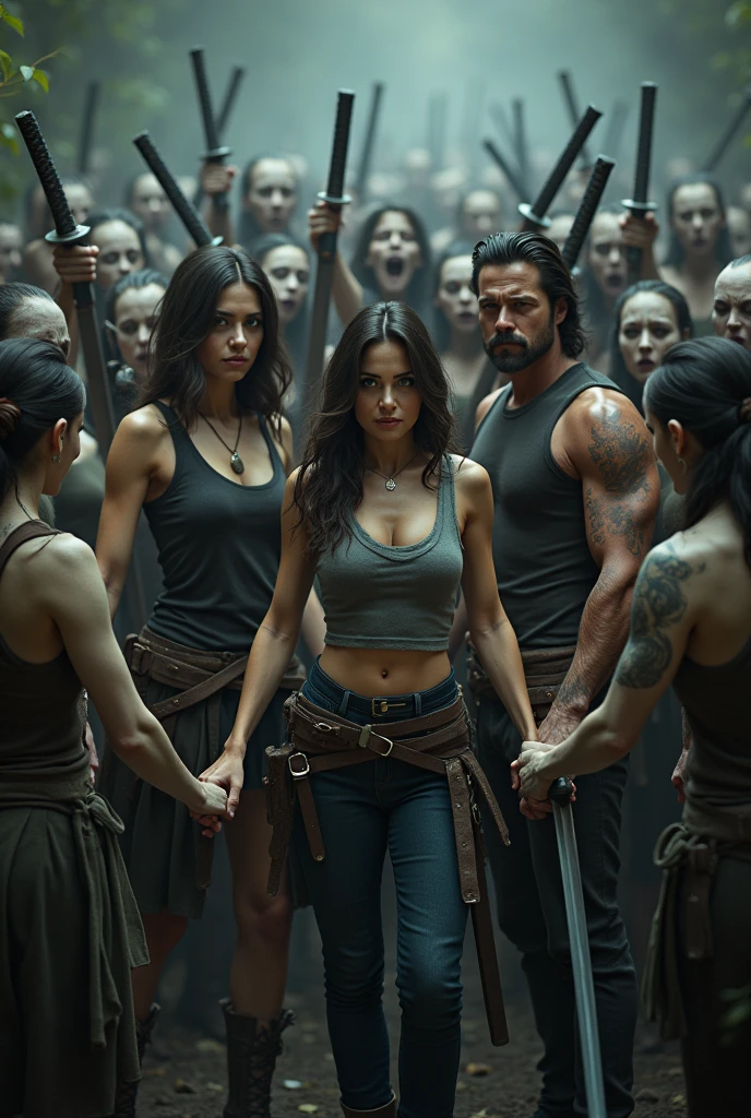 (photorealism:1.2), three adventurers Preity Zinta, Angelina Jolie and Brad Pitt surrounded by zombie women holding hands with katanas