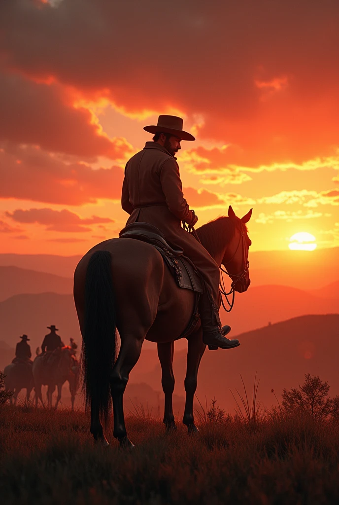Artur Morgan on horseback on a hill at sunset with the rest of the cowboys