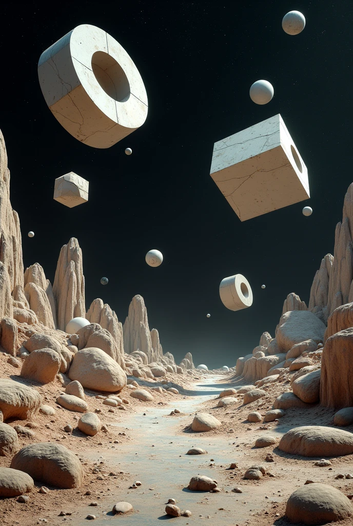 Floating geometrical 3d shapes levitating above ground on a weird landscape filled with old mechanical parts remnants from past civilization. Odd shapes of rock formations are scattered around. It's night time with pitch black sky full of stars and planets. Realistic, hyperrealism, high resolution, 4k hdr, volumetric lighting, extreme quality, sharp details, extremely detailed render. Photography, Photorealistic, realism, extreme detail, high quality graphics, ultra realistic, hyperrealism, high resolution, extreme quality, masterpiece, 4k hdr