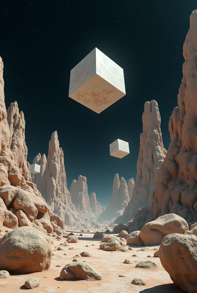 Floating geometrical 3d shapes levitating above ground on a weird landscape filled with old mechanical parts remnants from past civilization. Odd shapes of rock formations are scattered around. It's night time with pitch black sky full of stars and planets. Realistic, hyperrealism, high resolution, 4k hdr, volumetric lighting, extreme quality, sharp details, extremely detailed render. Photography, Photorealistic, realism, extreme detail, high quality graphics, ultra realistic, hyperrealism, high resolution, extreme quality, masterpiece, 4k hdr