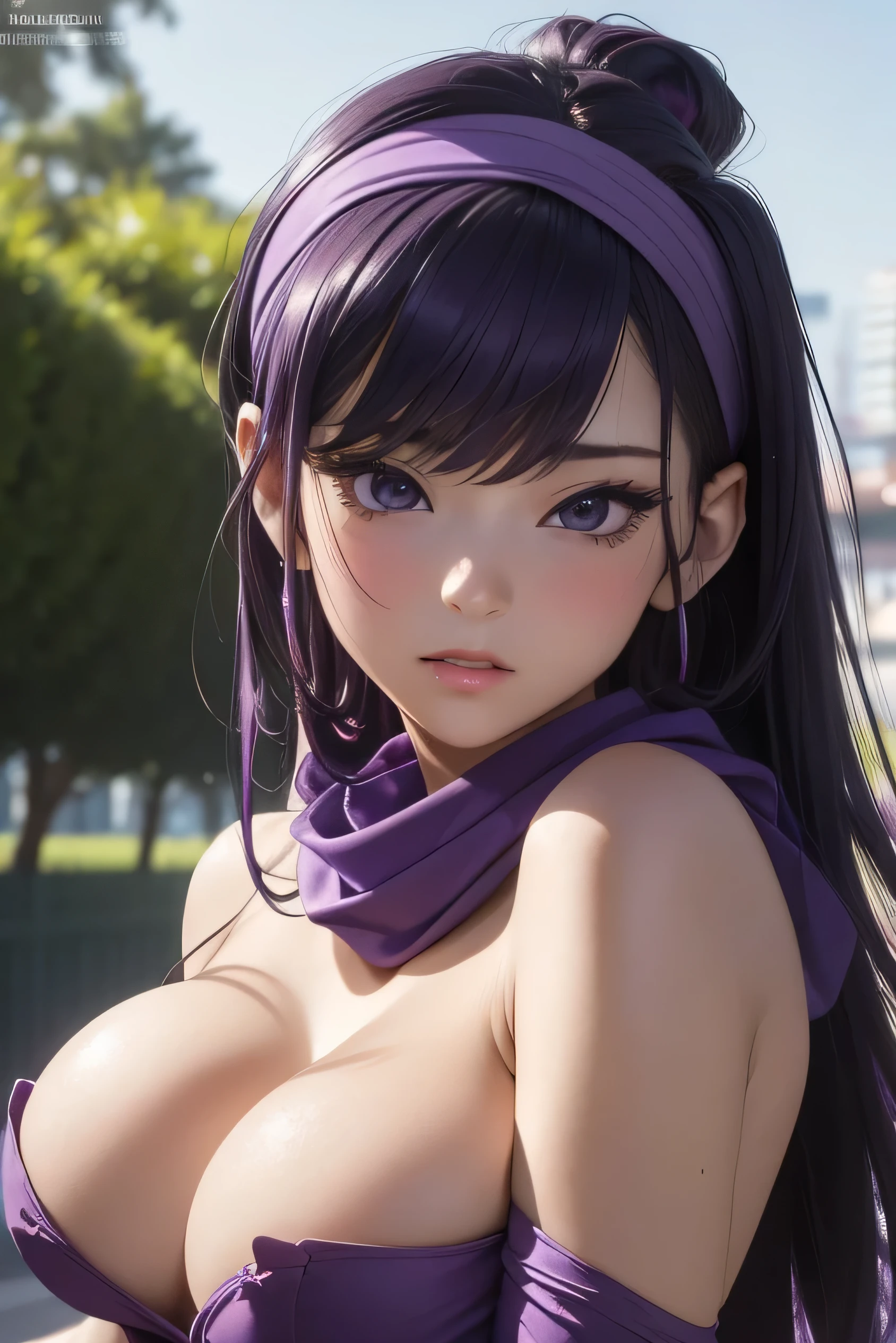((masterpiece, best quality, ultra-detailed, ultra-HD, photorealistic, cinematic)), (close-up camera shot:1.2), (sensual pose), (alluring and voluptuous female as Komi Shouko), perfect anatomy, perfect face, large breasts, proportioned hands, (shoulder-length purple hair:1.3), (purple top, dress, pink pantyhose, and purple shoes), (wears a plastic purple headband and a green scarf), ((dynamic background)), (detailed pupils, detailed eyes, blushing, nude lips, slightly parted lips