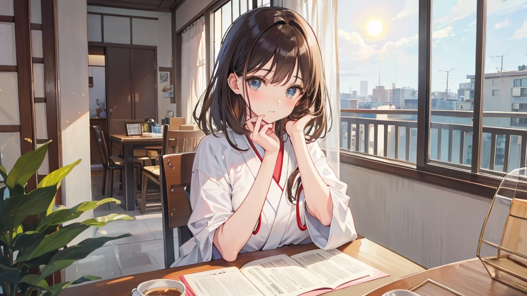 digit, Japanese animation style, super high quality, White, Refreshing early summer season, brown hair,Comfortable home comfort,Cute, beautiful girl, Silhouette close-up, my room, Sit in a chair and study, Hold your right face slightly with your right hand, Looking at the laptop, The balcony floor-to-ceiling windows are open,A cup of coffee under the setting sun