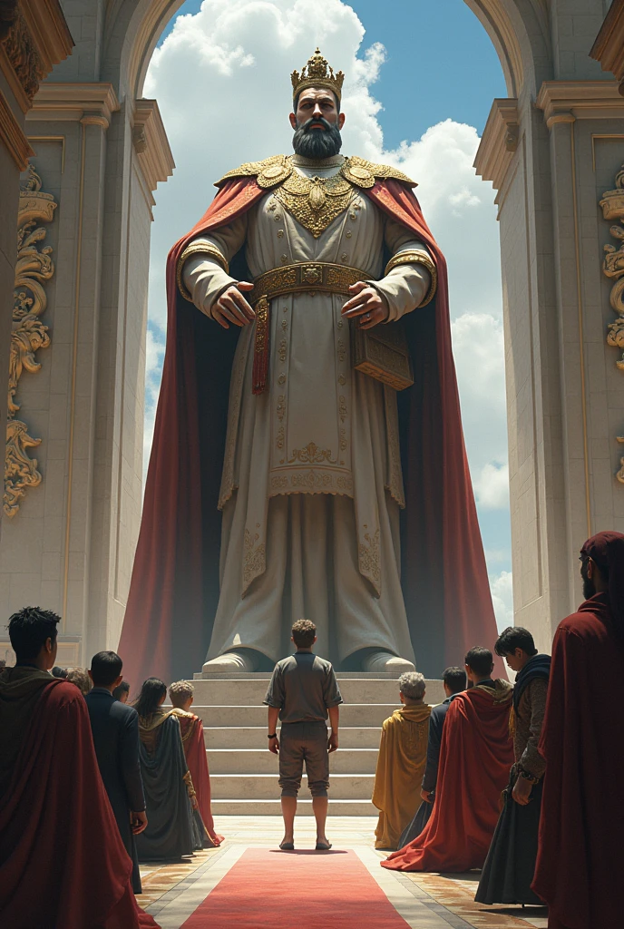 people kneeling before an imposing statue of a king and 3 young men standing watching
