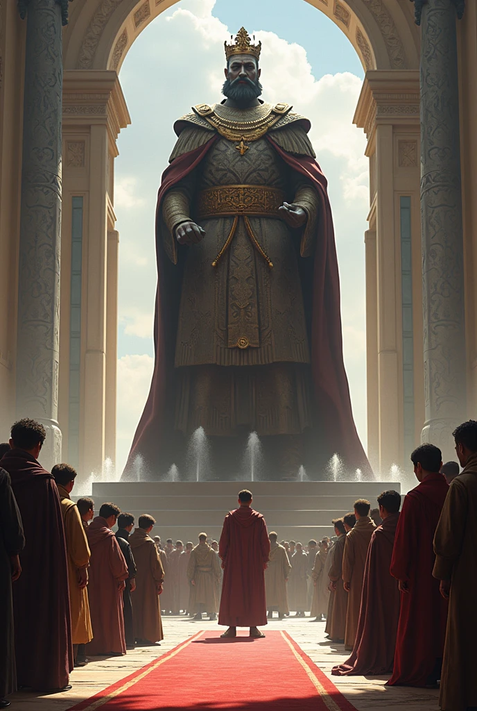people kneeling before an imposing statue of a king and 3 young men standing watching
