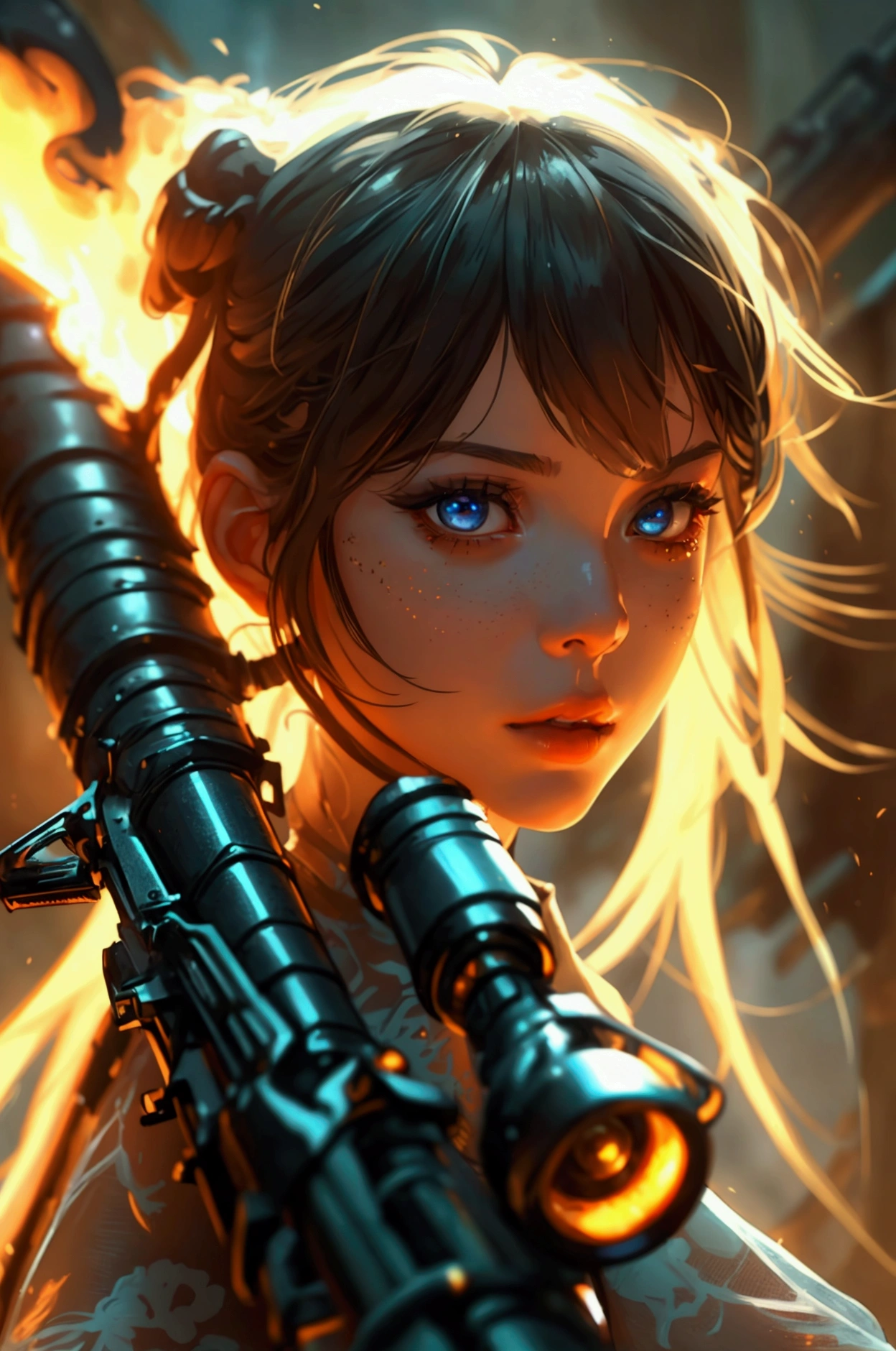 A girl, holding a slightly oversized laminated flamethrower, all body, detailed portrait, beautiful detailed eyes, beautiful detailed lips, extremely detailed face and skin, long eyelashes, detailed clothing, detailed weapon, cinematic lighting, epic fantasy, highly detailed, 8k, photorealistic, concept art style, warm color palette, dramatic lighting