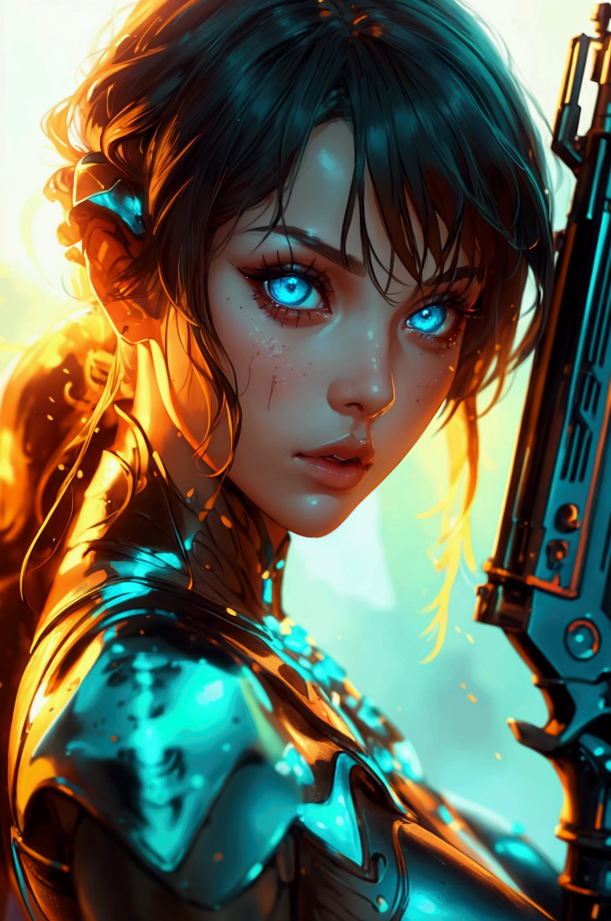 A  girl, holding a slightly oversized laminated flamethrower, all body, detailed portrait, beautiful detailed eyes, beautiful detailed lips, extremely detailed face and skin, long eyelashes, detailed clothing, detailed weapon, cinematic lighting, epic fantasy, highly detailed, 8k, photorealistic, concept art style, warm color palette, dramatic lighting