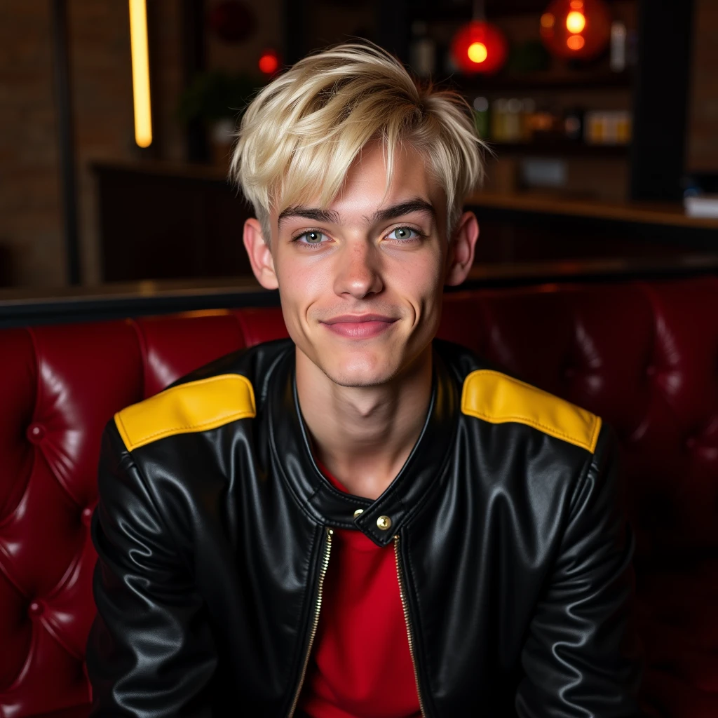 photograph head shot, attractive 22 year-old male model, very short layered platinum blond hair with side swept bangs, skinny svelte body, incredulous smirking expression, almond shaped eyes, very pale skin tone, black leather jacket with yellow accents on shoulders, red shirt, inside private night club alone, sitting in leather seat