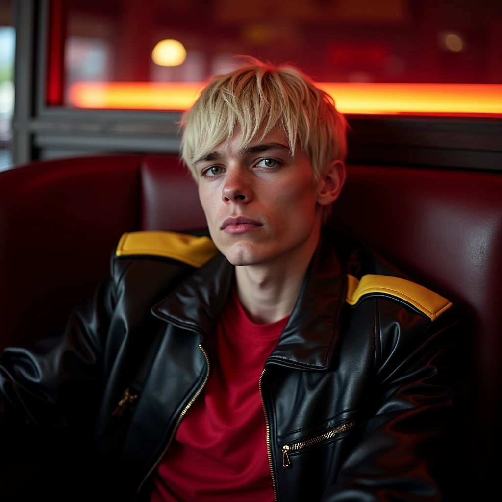 photograph head shot, attractive 22 year-old male model, very short layered platinum blond hair with side swept bangs, skinny svelte body, incredulous smirking expression, almond shaped eyes, very pale skin tone, black leather jacket with yellow accents on shoulders, red shirt, inside private night club alone, sitting in leather seat