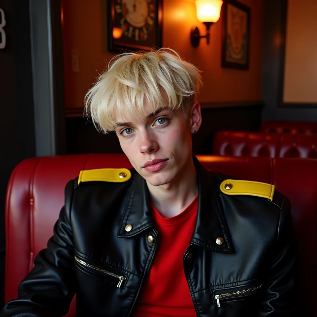 photograph head shot, attractive 22 year-old male model, very short layered platinum blond hair with side swept bangs, skinny svelte body, incredulous smirking expression, almond shaped eyes, very pale skin tone, black leather jacket with yellow accents on shoulders, red shirt, inside private night club alone, sitting in leather seat