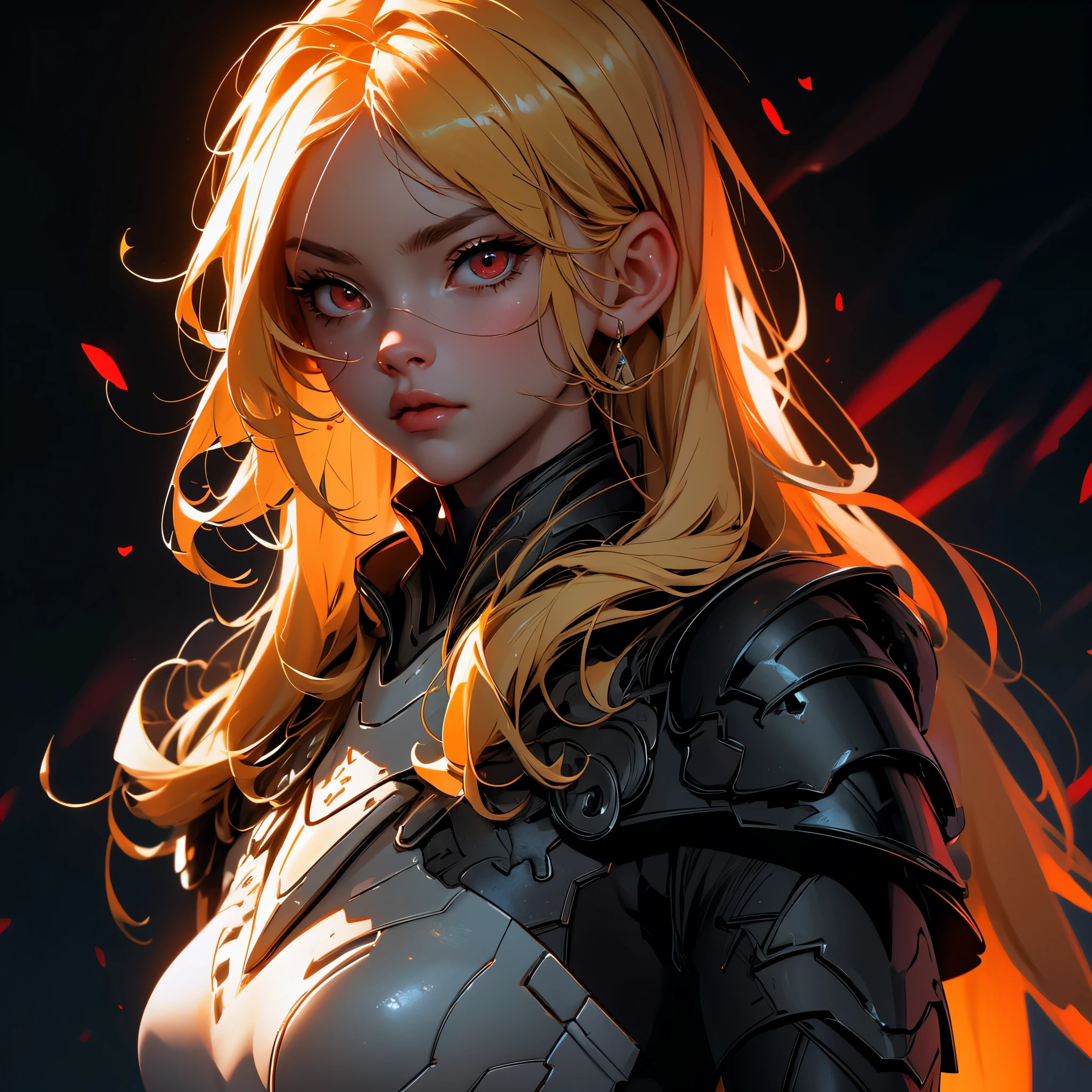 envision a 8k, highres, cinematic, beautiful close up portrait of a girl with pretty mature features with blonde hair, red eyes, goggles, black tight suit, fantasy armor, jrpg inspired armor, in dark lighting, against a dark gray background