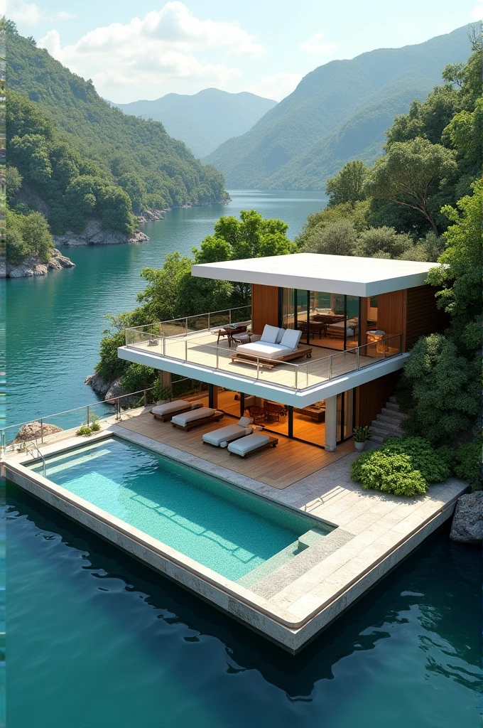 2-story floating L-shaped house with pool and living room on the ground floor