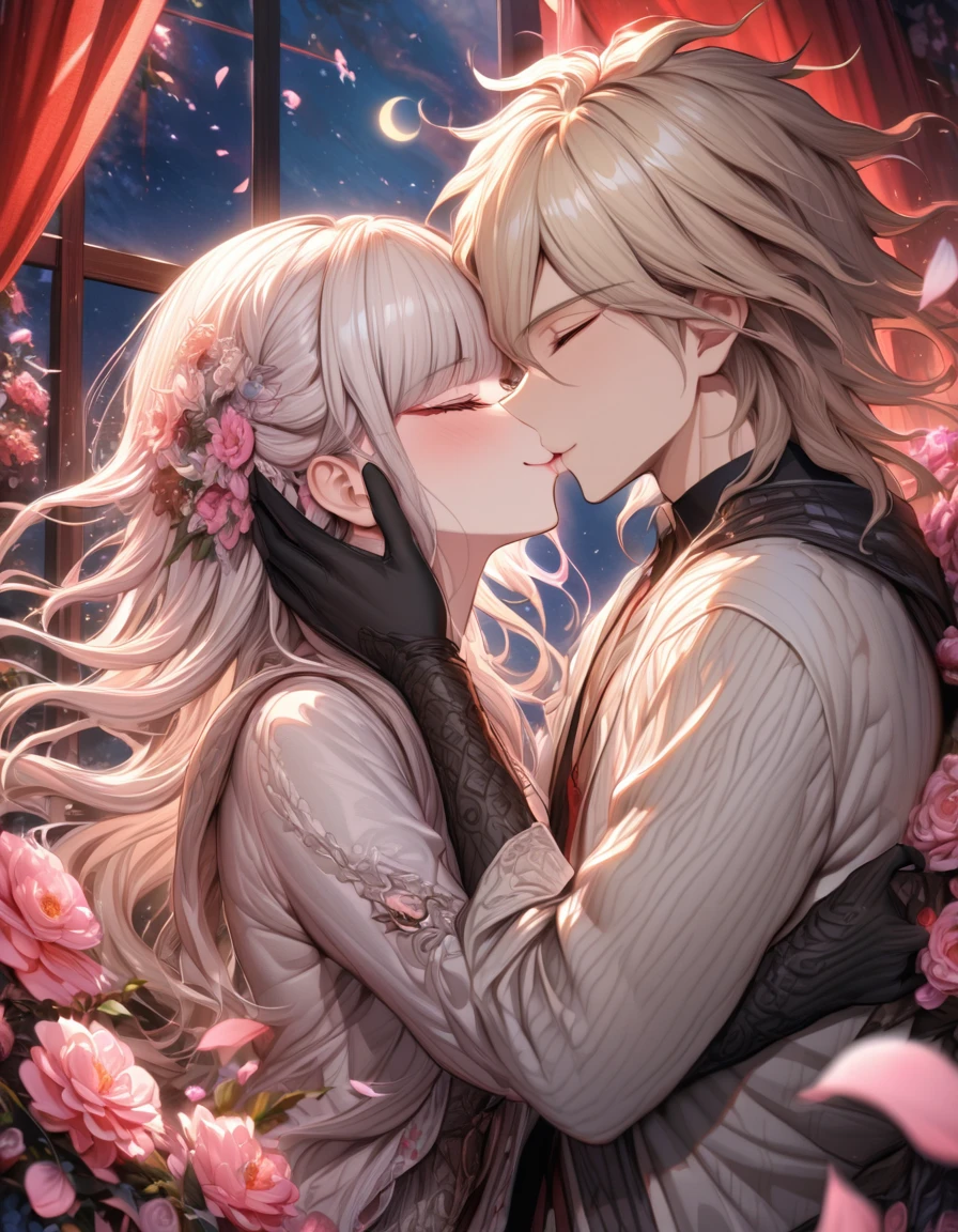 Ultra detailed, highres, absurdres, HDR, master piece, Aida, ash blonde hair with bangs, medium length hair, Danganronpa, black ribbon at the side of her hair, white cardigan with black patterns, Komaeda Nagito, white hair, closed eyes, couple, in love, pink flowers, petals, moon, window, red curtains, woman together with a man, sharing a kiss, kissing, handsome, extremely beautiful, best quality, fantasy, magical, black gloves, smiling, close up
