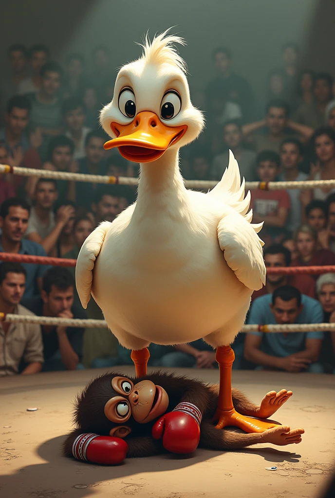 A duck winning a boxing match against a monkey and stepping on it
