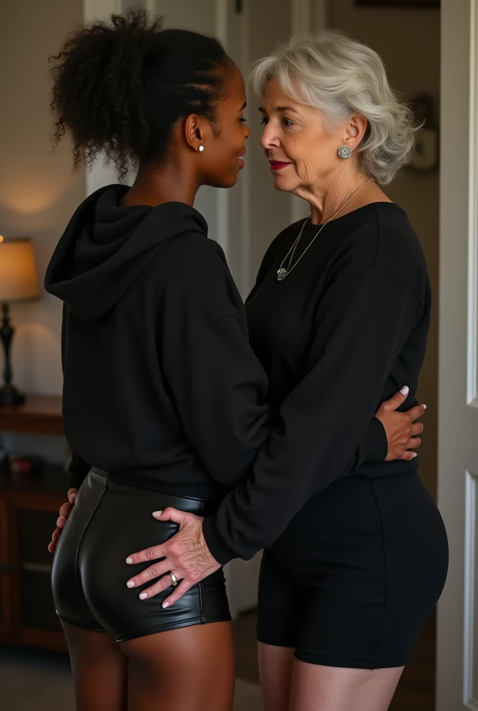 black woman hair in a bun black hoodie black leather short shorts being fucked in the ass by a old grandma in a dress
