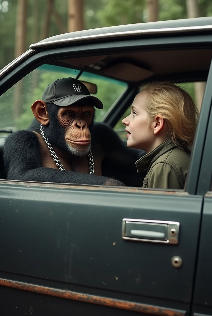 Strong chimpanzee with a cap and chain in an old black Civic-style car and a white dwarf with blond hair of adult age and the chimpanzee says I am Joshua