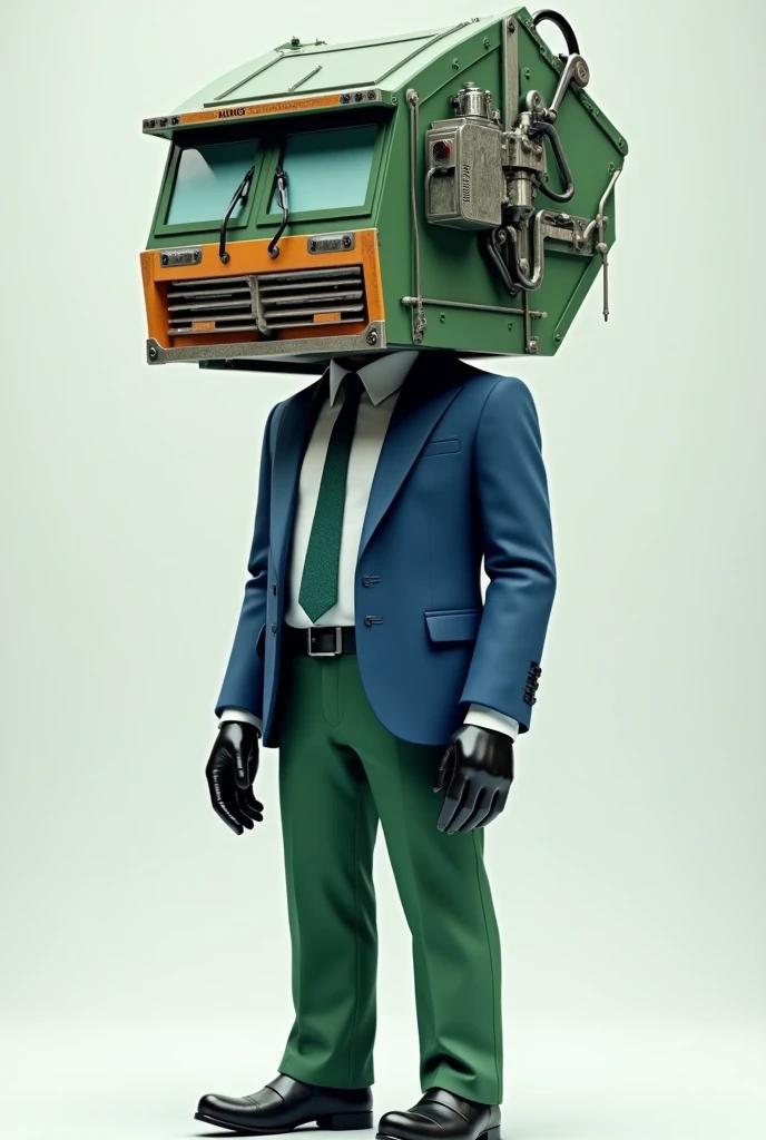 A humanoid being with the main characteristic of having a head replaced by a garbage truck, he wears a blue suit with a blue tie and green pants, he wears black leather gloves and shoes