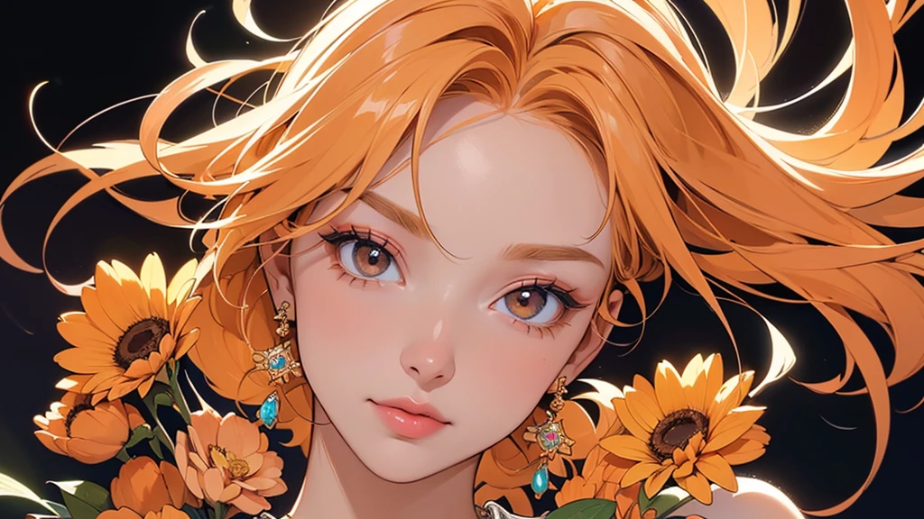 32K, 最高quality, 最高masterpiece, (ultra-Detailed Background, Detailed Background), High resolution, Super detailed, Very detailedな, 1 personの, (bouquet:1.3), (Tangled:1.2), (Geometric:1.2),(colorful),(masterpiece, quality, best quality, Official Art, Beautiful and beautiful:1.2), (1 person:1.3), Very detailed,(colorful:1.1)(Flowers:1.3),Most detailed,(Tangled:1.2), whole body, (Abstract background:1.3), (Skin glows), (Many colors:1.4), ,(Earrings Jewelry:1.5), Pale Orange Background, It's imaginative., Flaxen Hair,