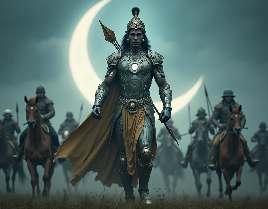 God krishna got angry with big soldiers
And he has a arrow on his right hand ,his background in moon ,Moody glow effect, and some horse are running front oh him , he ware a iron-man shot, dress colour silver-shininggold , give me a landscape photo