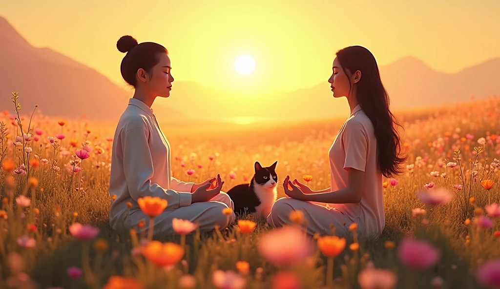 2 Asian person sitting in meditation amidst a field of wildflowers at dawn, with the sun gilding the sky. Next to you, your cat lies among the flowers, Closing Your Eyes, enjoying the tranquility of the moment. The vibrant and colorful landscape highlights the connection between human beings, the animal and nature.