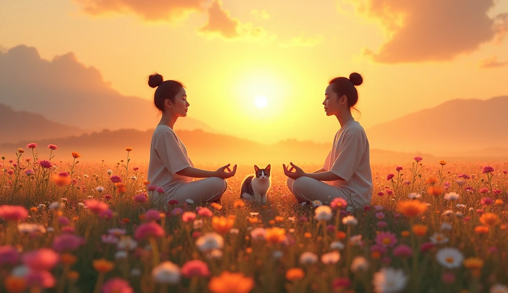 2 Asian person sitting in meditation amidst a field of wildflowers at dawn, with the sun gilding the sky. Next to you, your cat lies among the flowers, Closing Your Eyes, enjoying the tranquility of the moment. The vibrant and colorful landscape highlights the connection between human beings, the animal and nature.