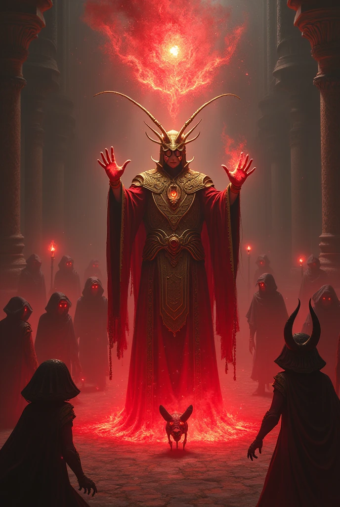 magician, red magic, red water, golden ring, gilded outfit, ten mens, part insect, little demon next door, invoking bugbears.